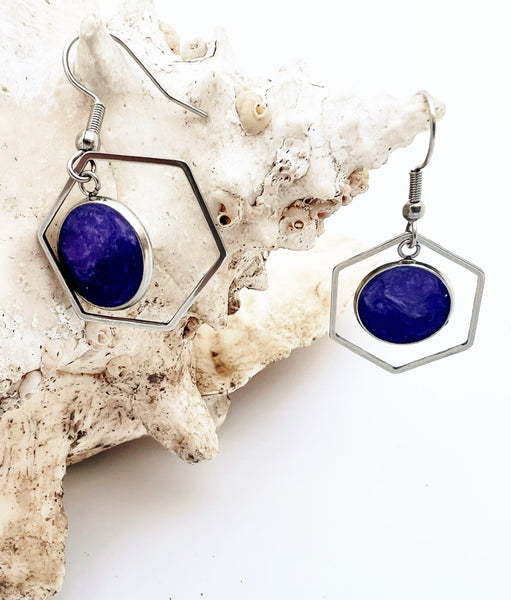Swirled purple hexagon dangle earrings