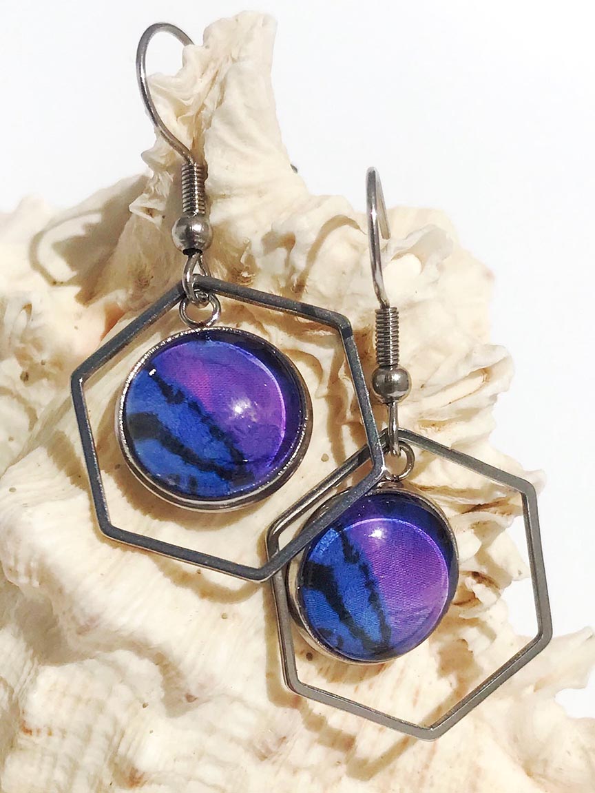 Purple and silver earrings, hexagon dangle earrings