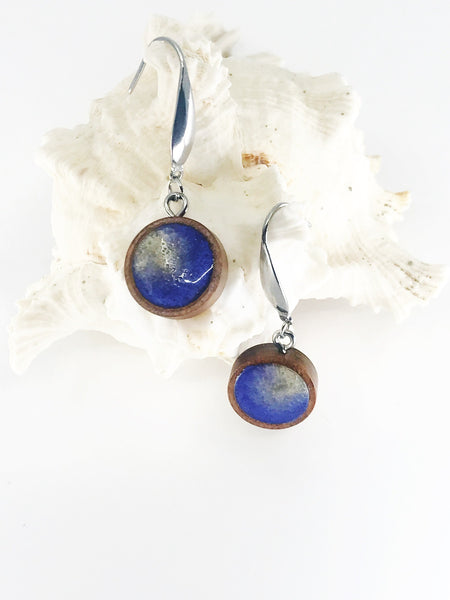 Purple and silver wood dangle earrings