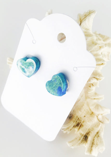 Blue and green heart stud earrings