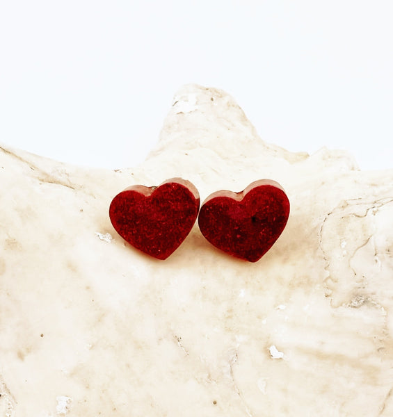 Brown with pink sparkle heart stud earrings