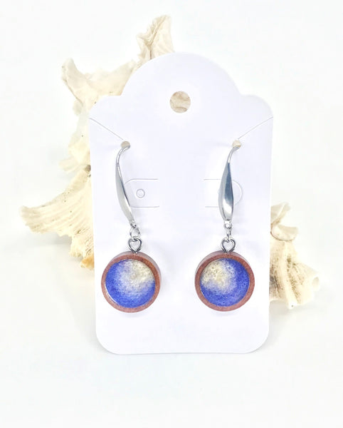 Purple and silver wood dangle earrings